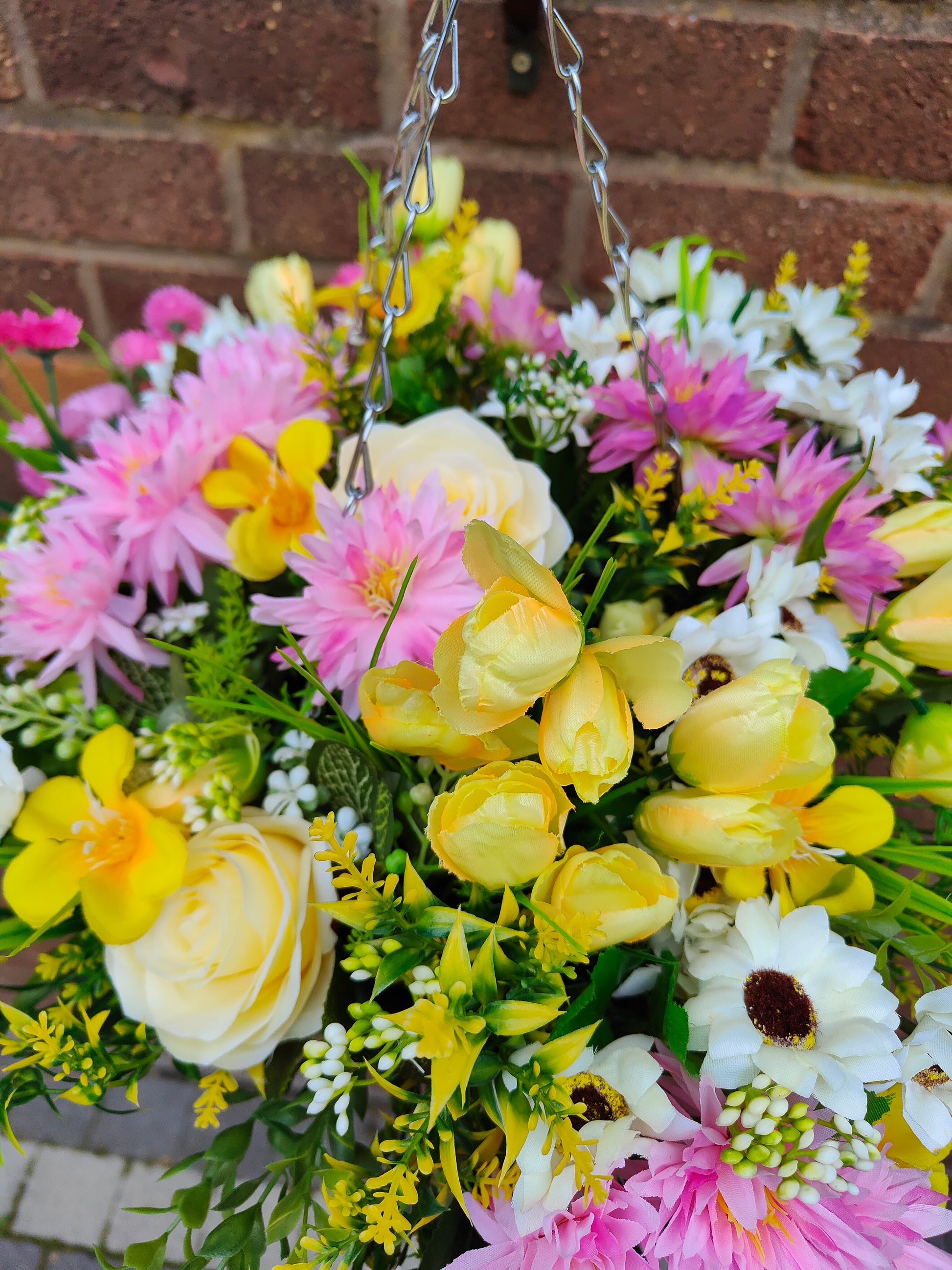 Pink yellow white artificial flower hanging basket faux garden