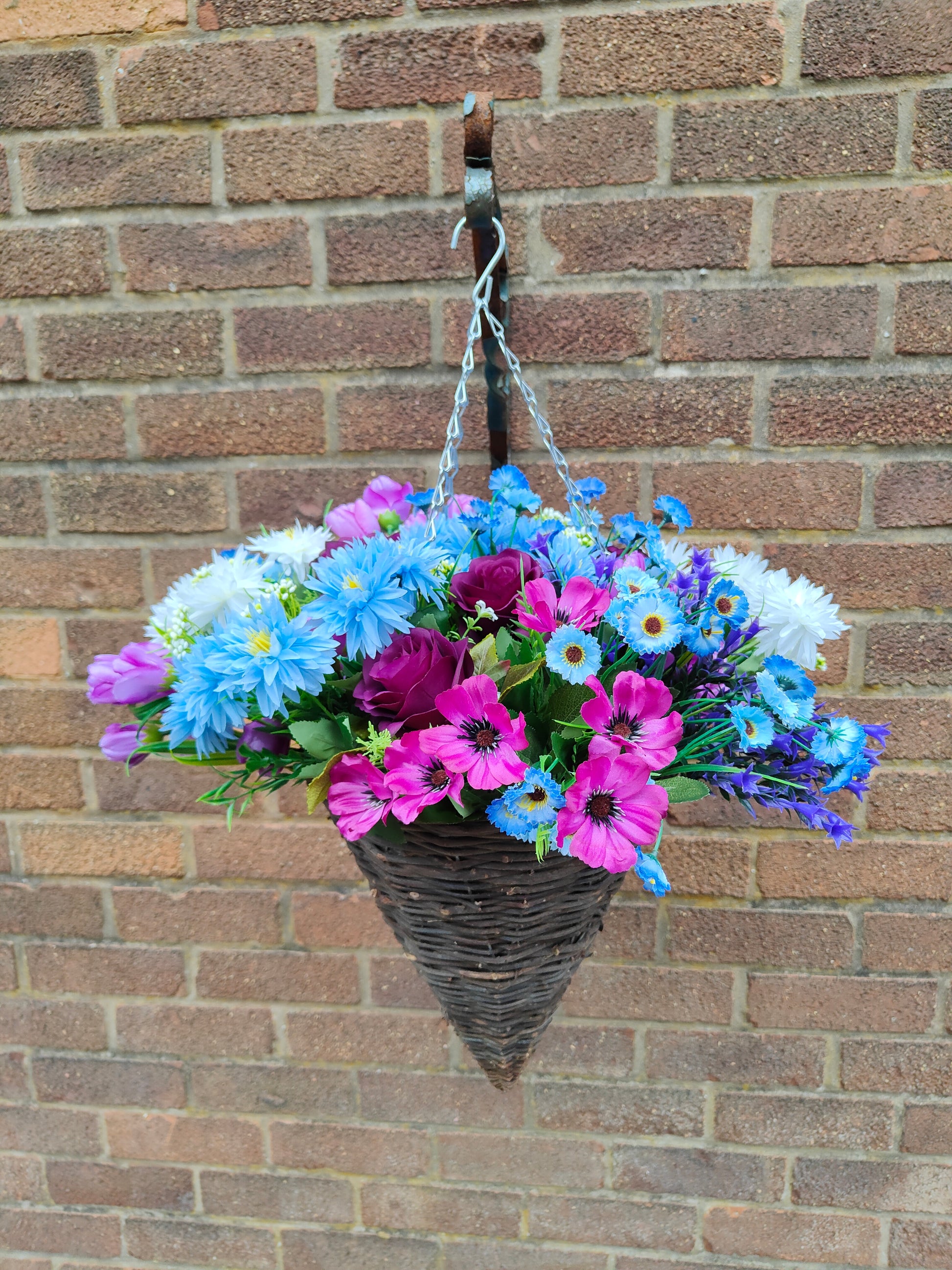 Blue purple artificial flower hanging basket for garden 
