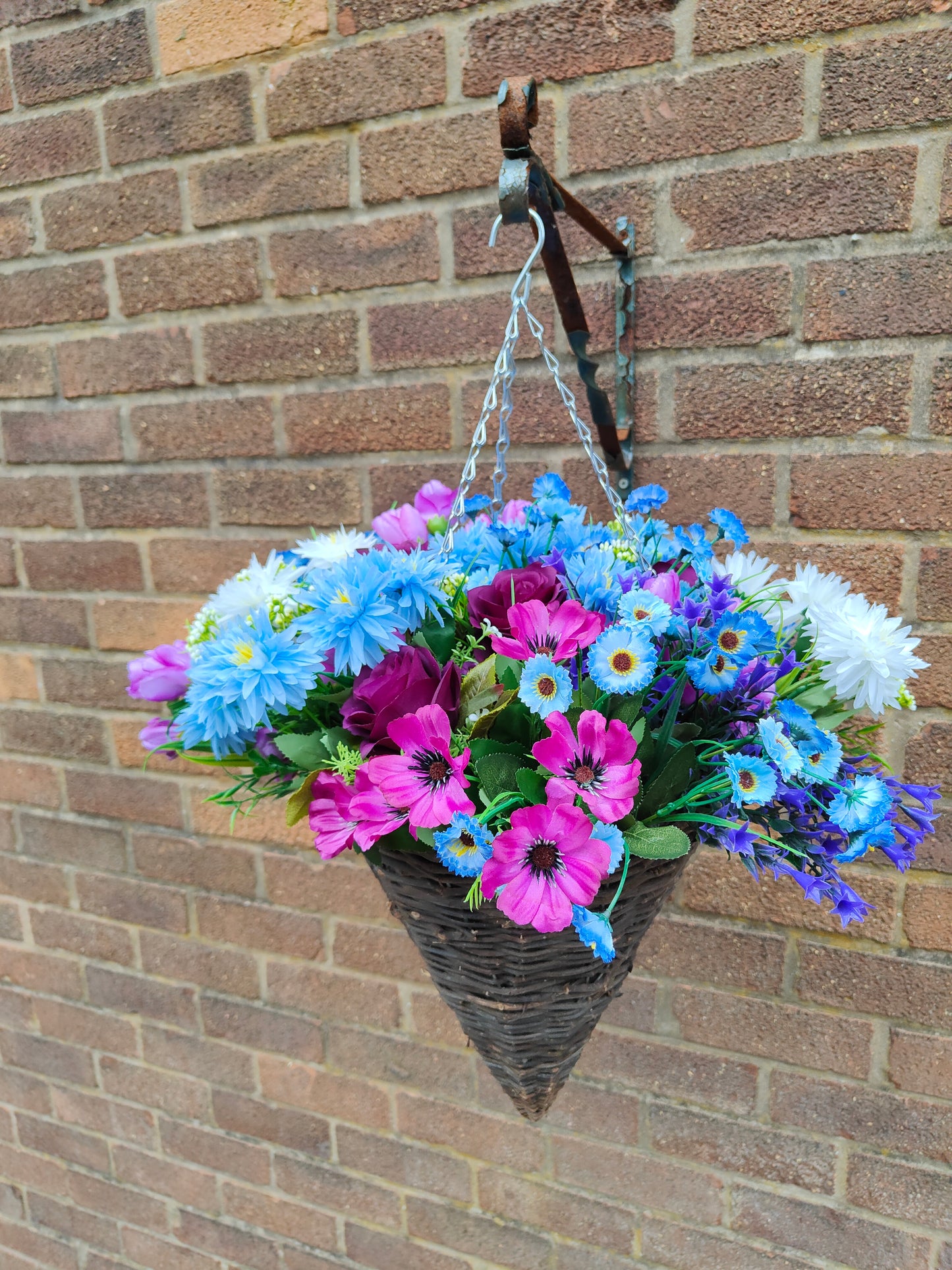 Deluxe artificial flower hanging basket purple blue white vibrant 