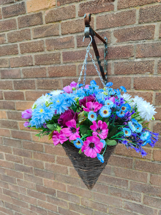 Deluxe artificial flower hanging basket purple blue white vibrant 