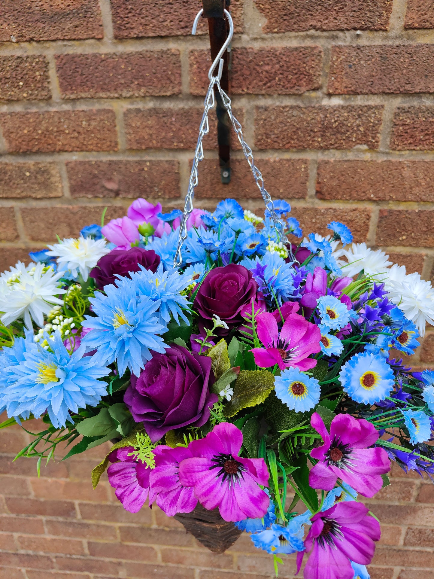 Blue purple artificial flower hanging basket 