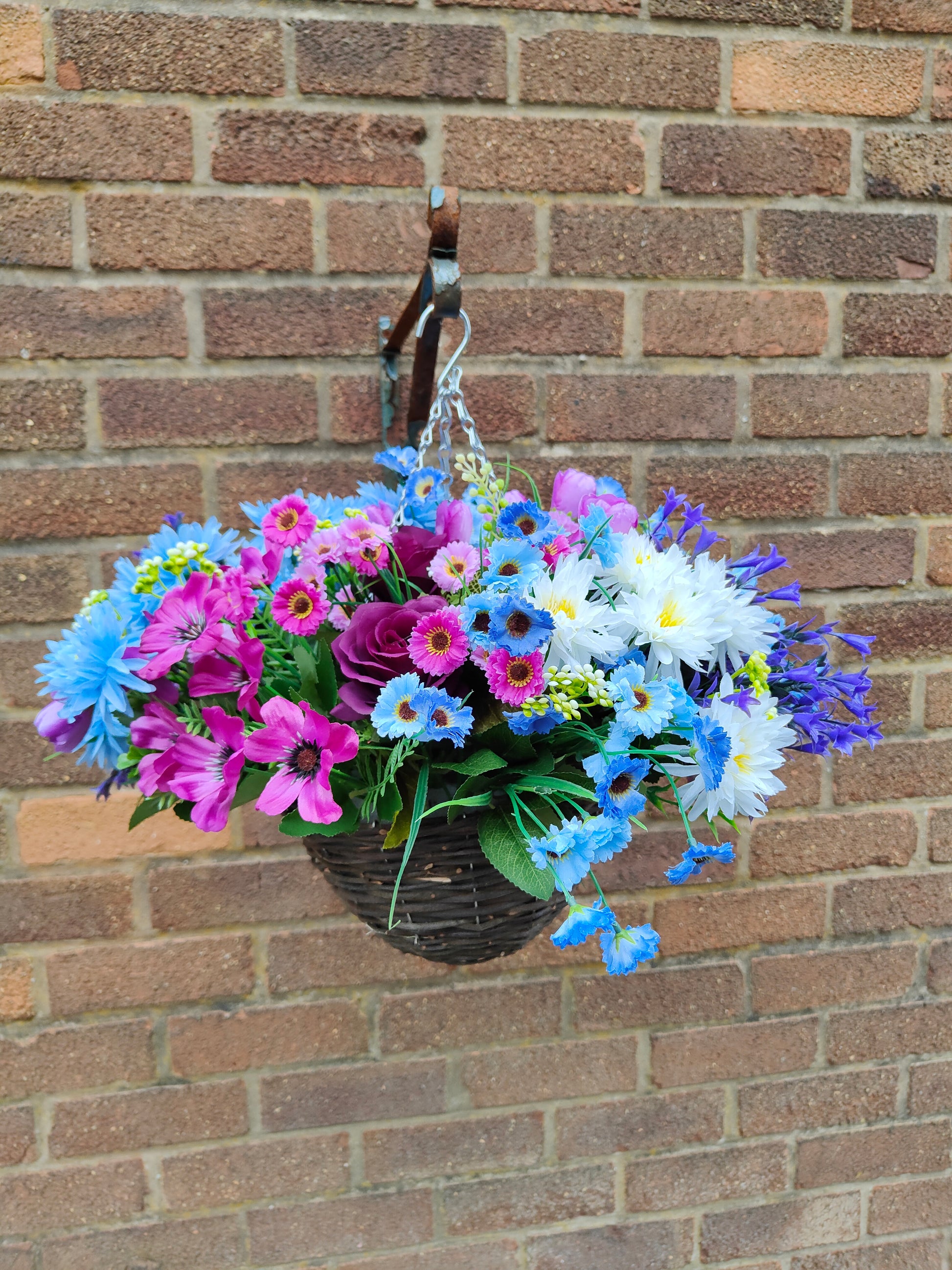 Purple Blue Artificial flower hanging basket round 10 inch 