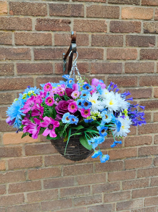 Purple Blue Artificial flower hanging basket round 10 inch 