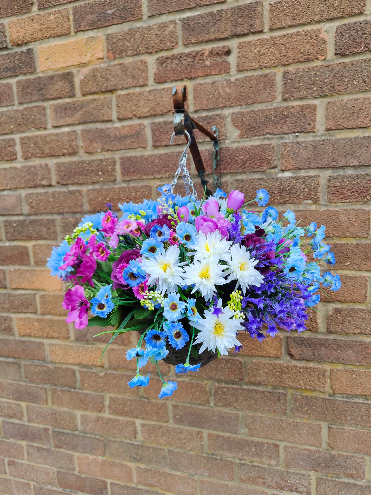 Purple Blue White artificial flower hanging basket faux garden 