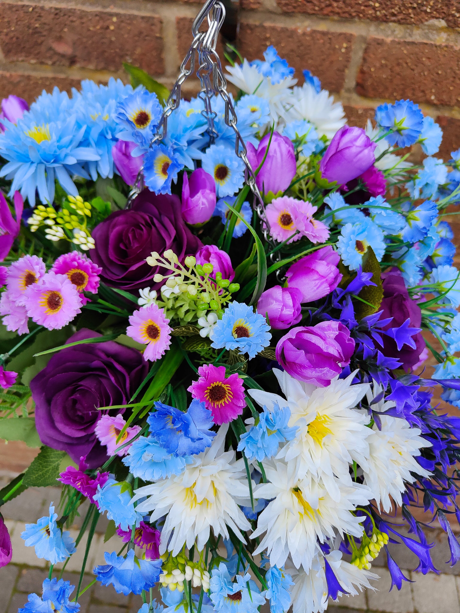 Purple Blue White artificial flower hanging basket 