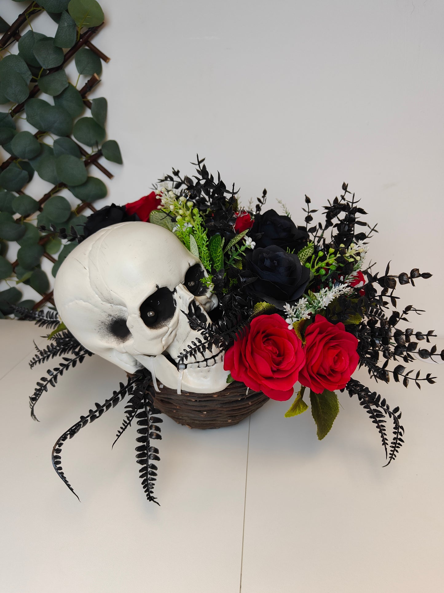 Spooky Skeleton Rose – Light-Up Halloween Artificial Flower Hanging Basket – Red & Black 10 inch
