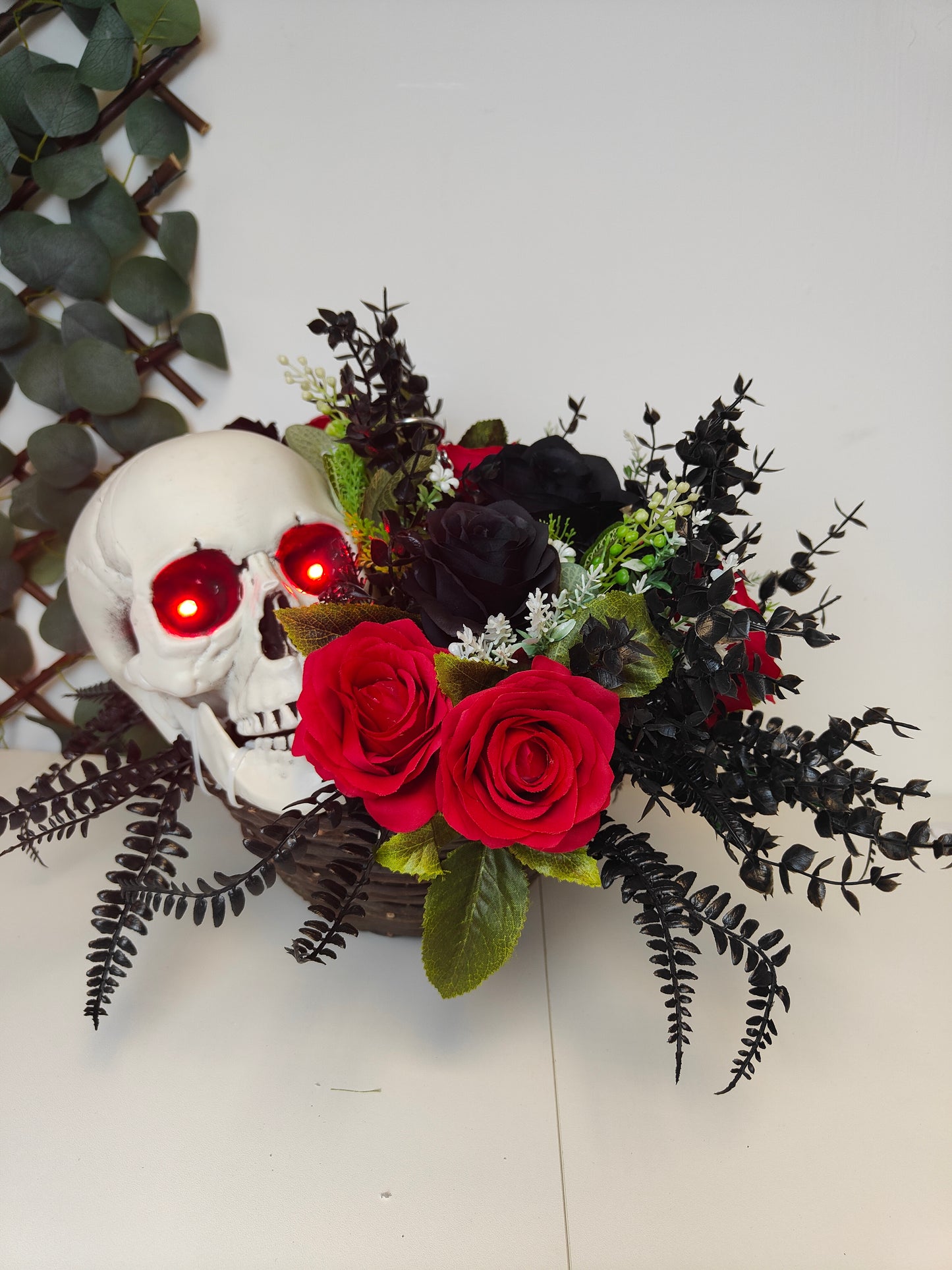 Spooky Skeleton Rose – Light-Up Halloween Artificial Flower Hanging Basket – Red & Black 10 inch