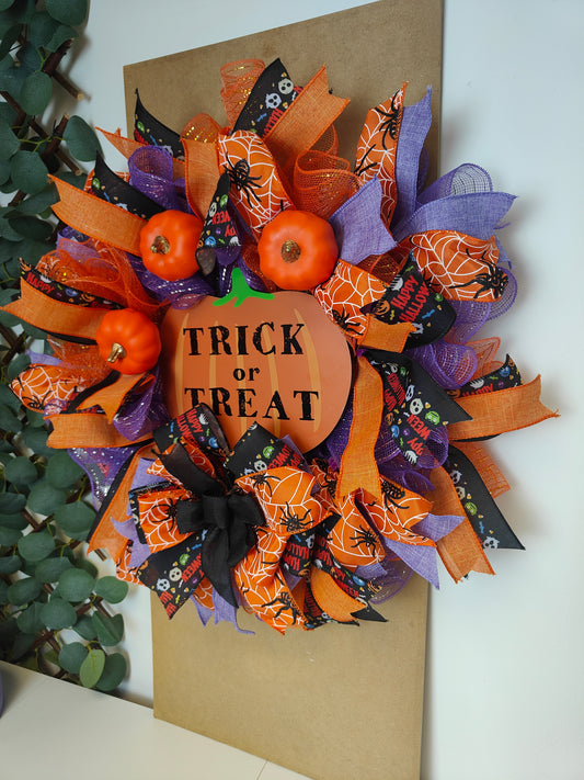 Orange Purple Trick or Treat Halloween Wreath