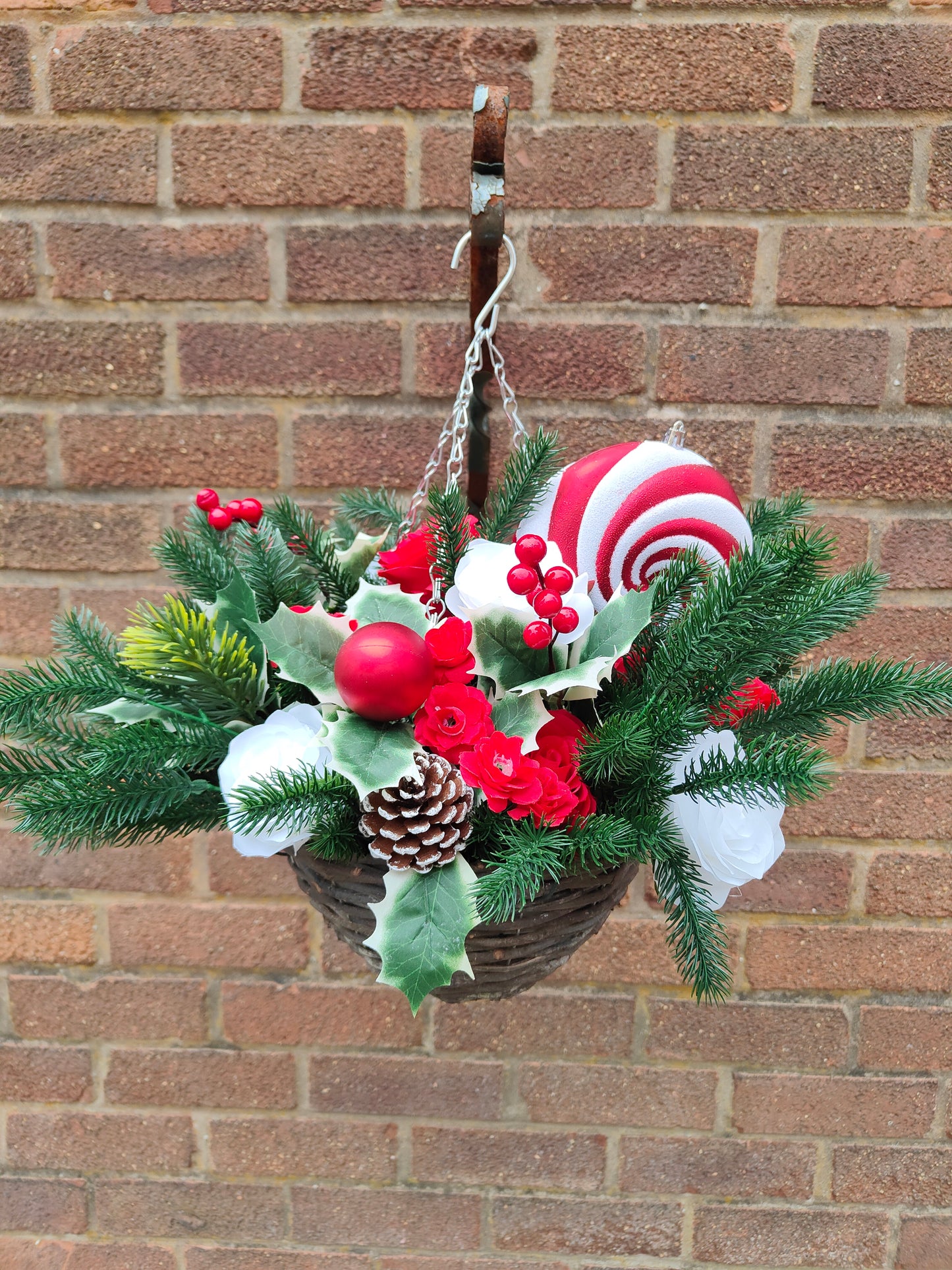 Candy Cane Red White Artificial Flower with Holly Hanging Basket 10 inch