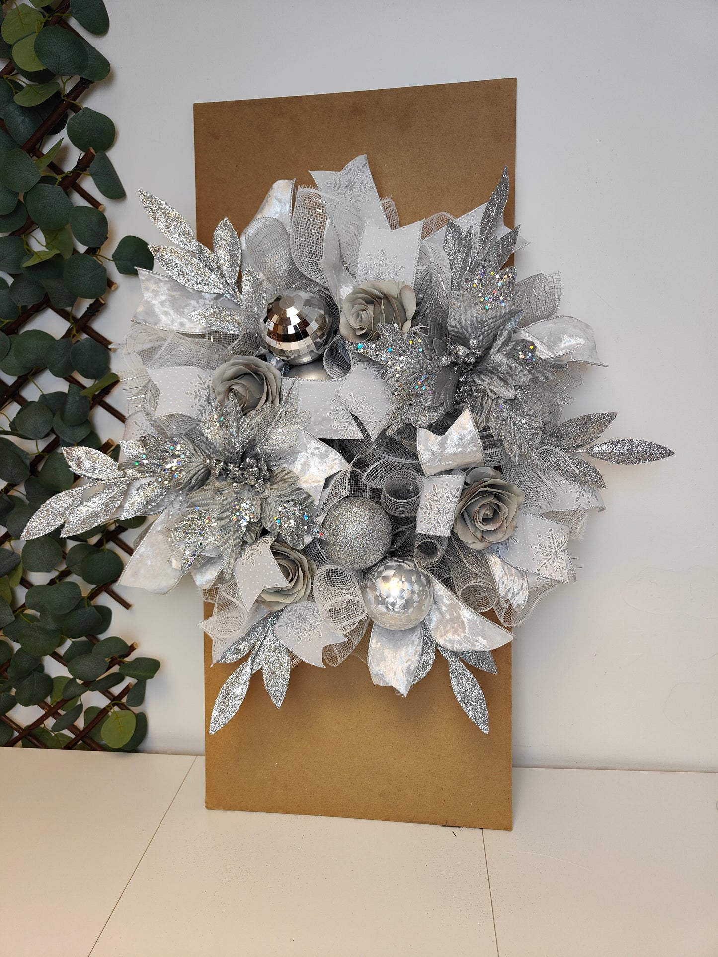 Grey Silver White Poinsettia Christmas Wreath