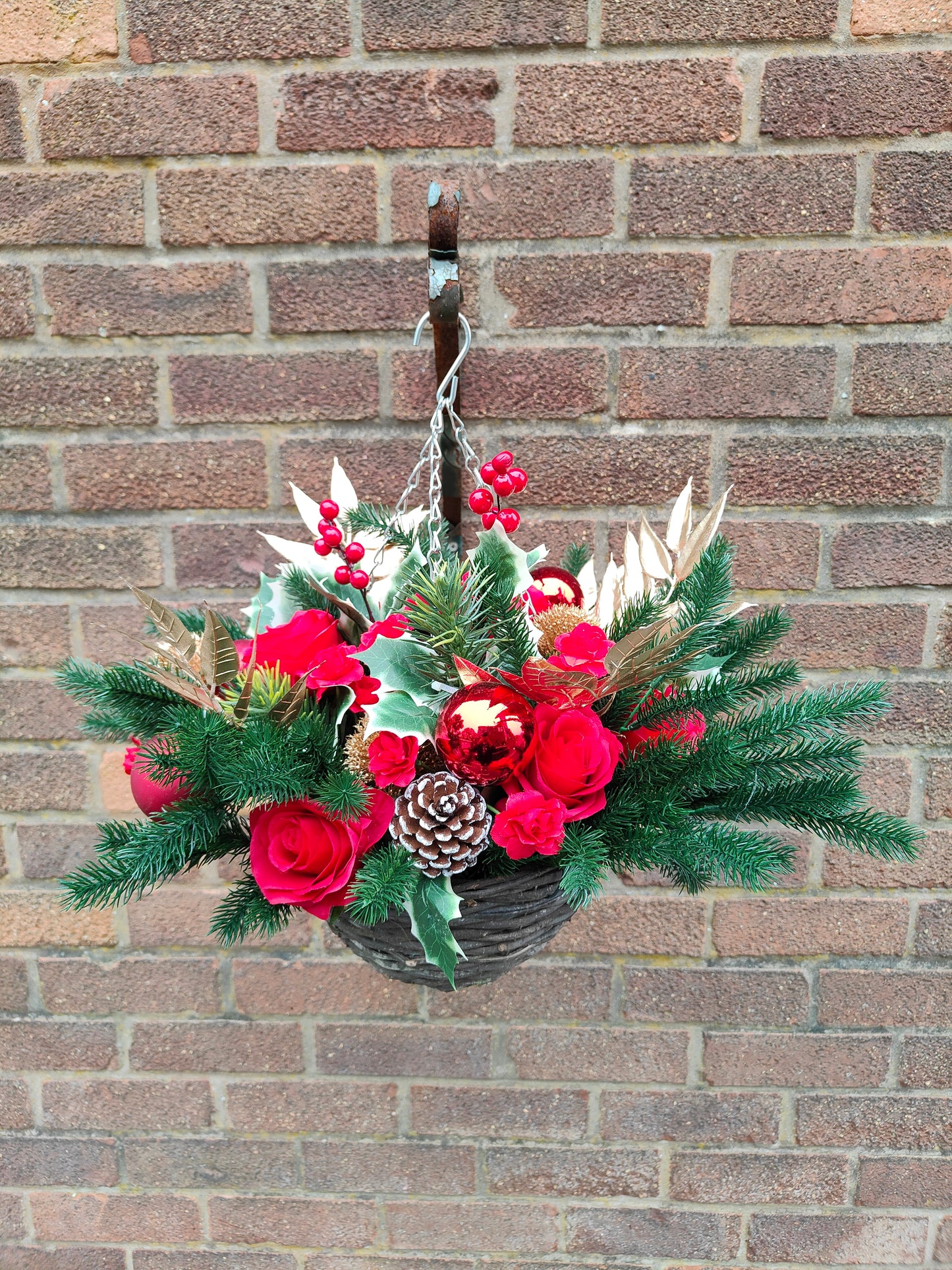 Red Gold Artificial Flower with Holly Hanging Basket 10 inch
