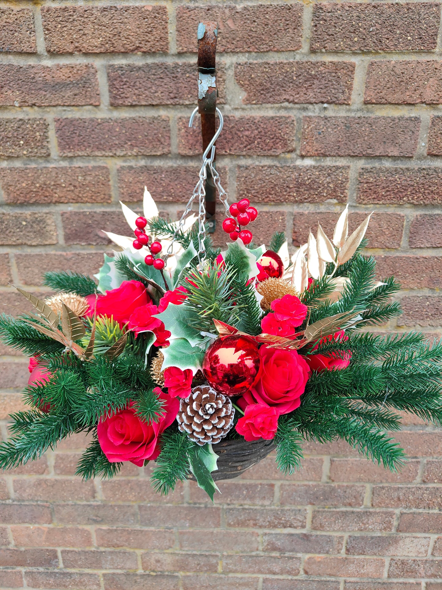 Red Gold Artificial Flower with Holly Hanging Basket 10 inch