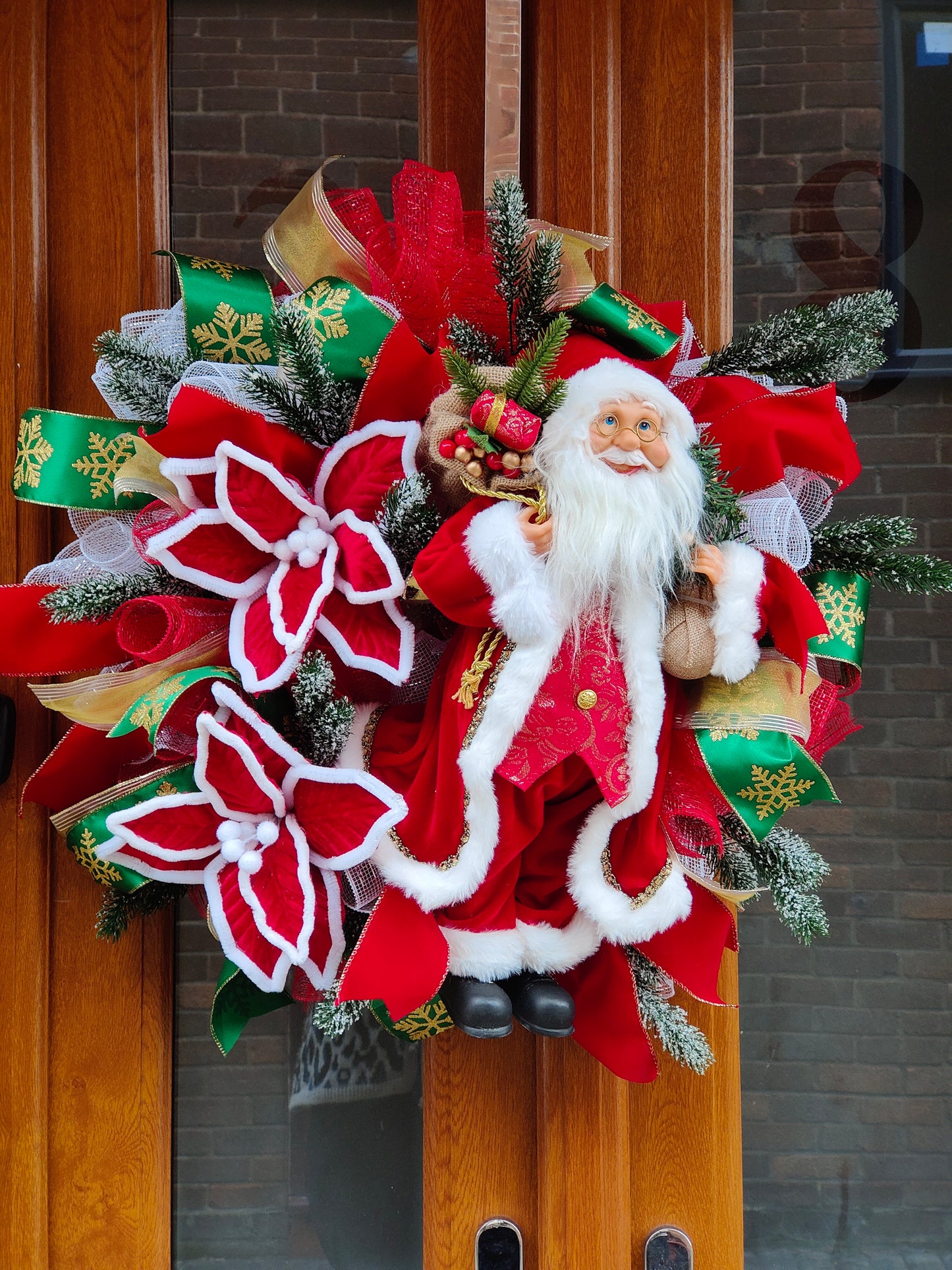 Traditional Red Green Santa Christmas Poinsettia Wreath