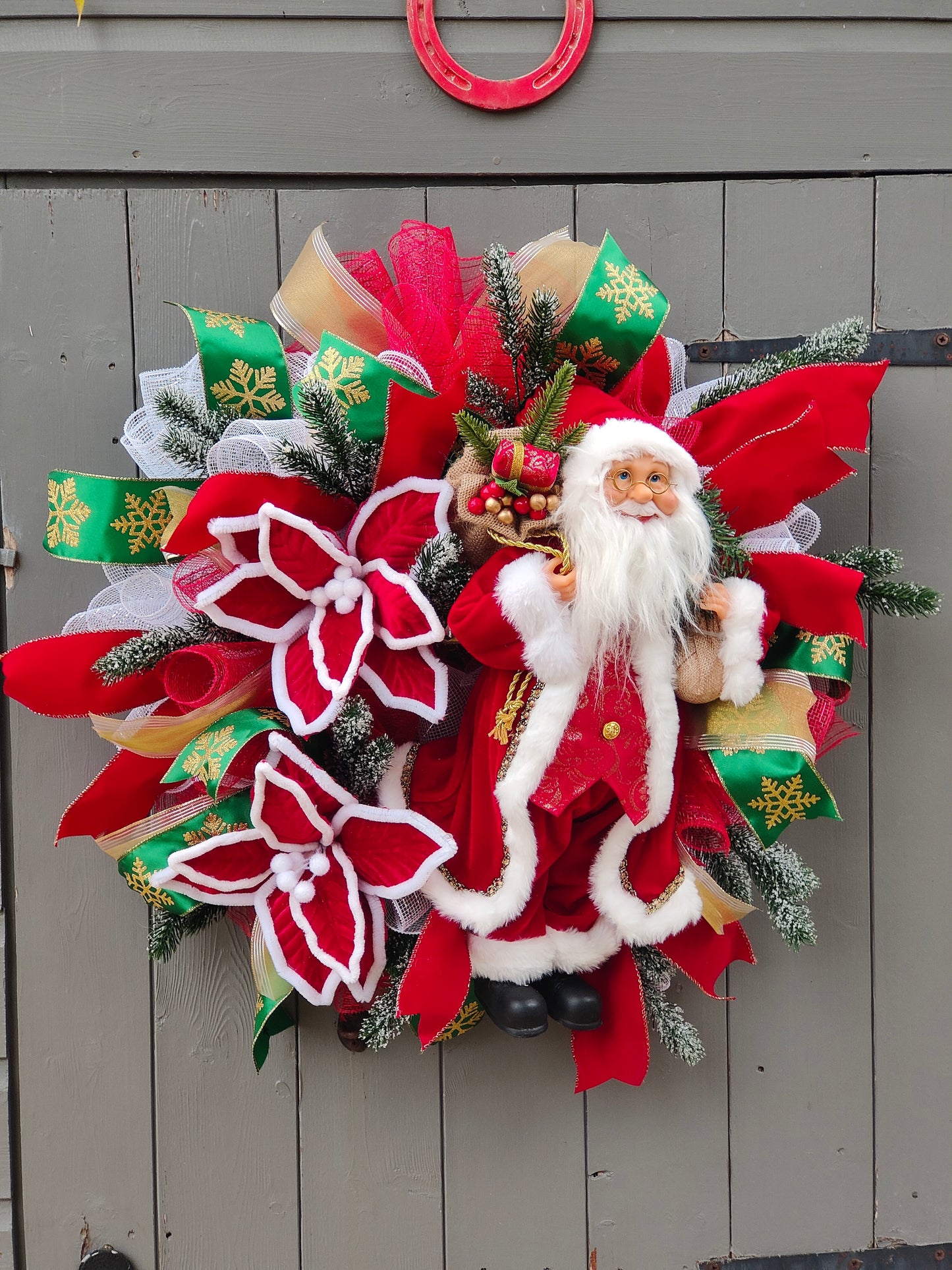 Traditional Red Green Santa Christmas Poinsettia Wreath