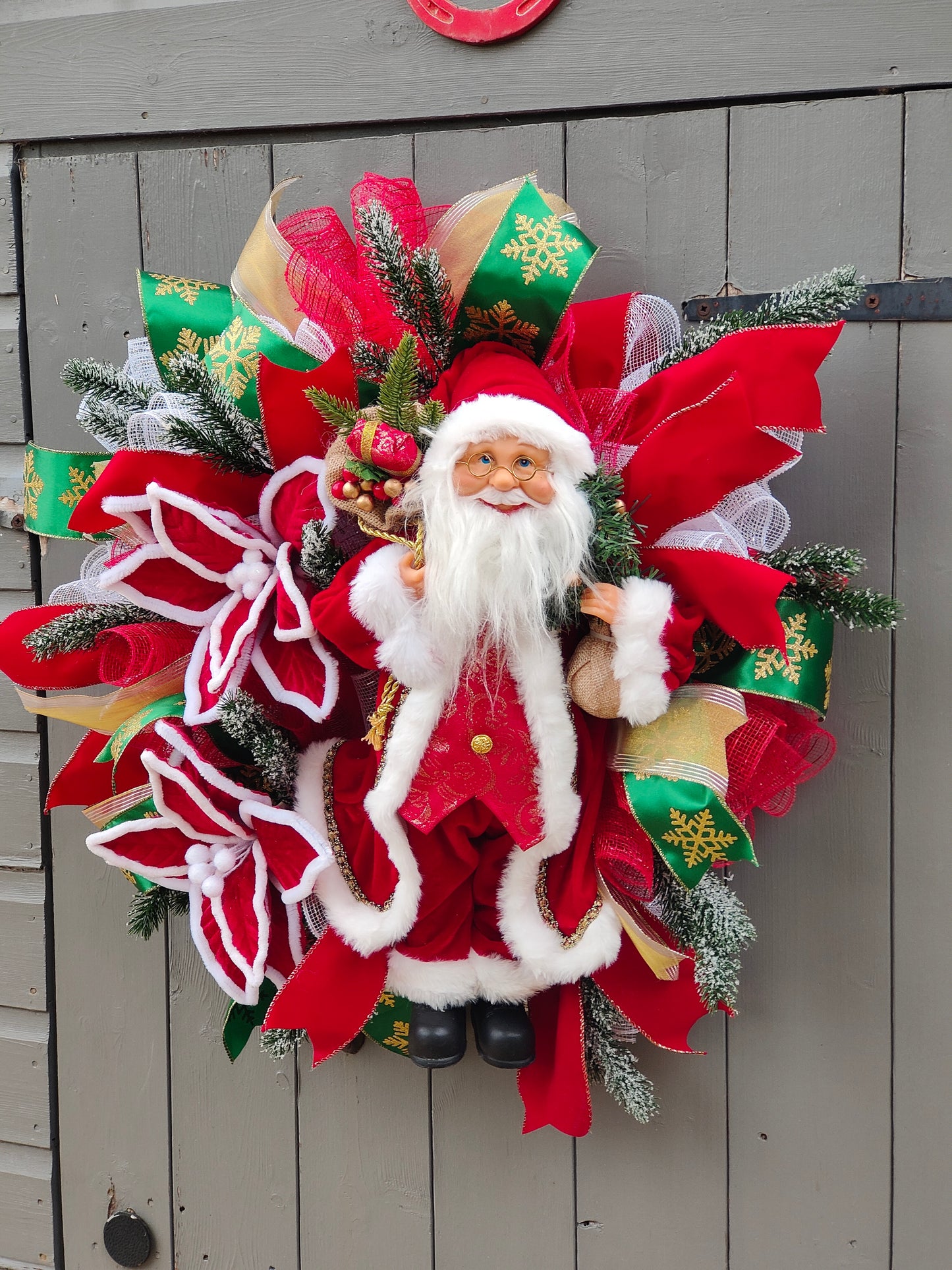 Traditional Red Green Santa Christmas Poinsettia Wreath