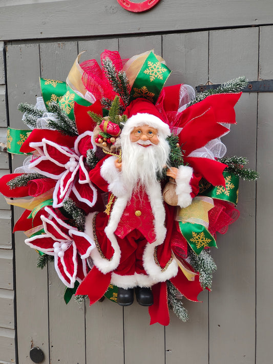 Traditional Red Green Santa Christmas Poinsettia Wreath