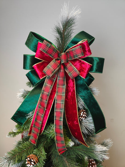 Red Green Tartan Velvet Christmas Tree Topper Bow 14 inch