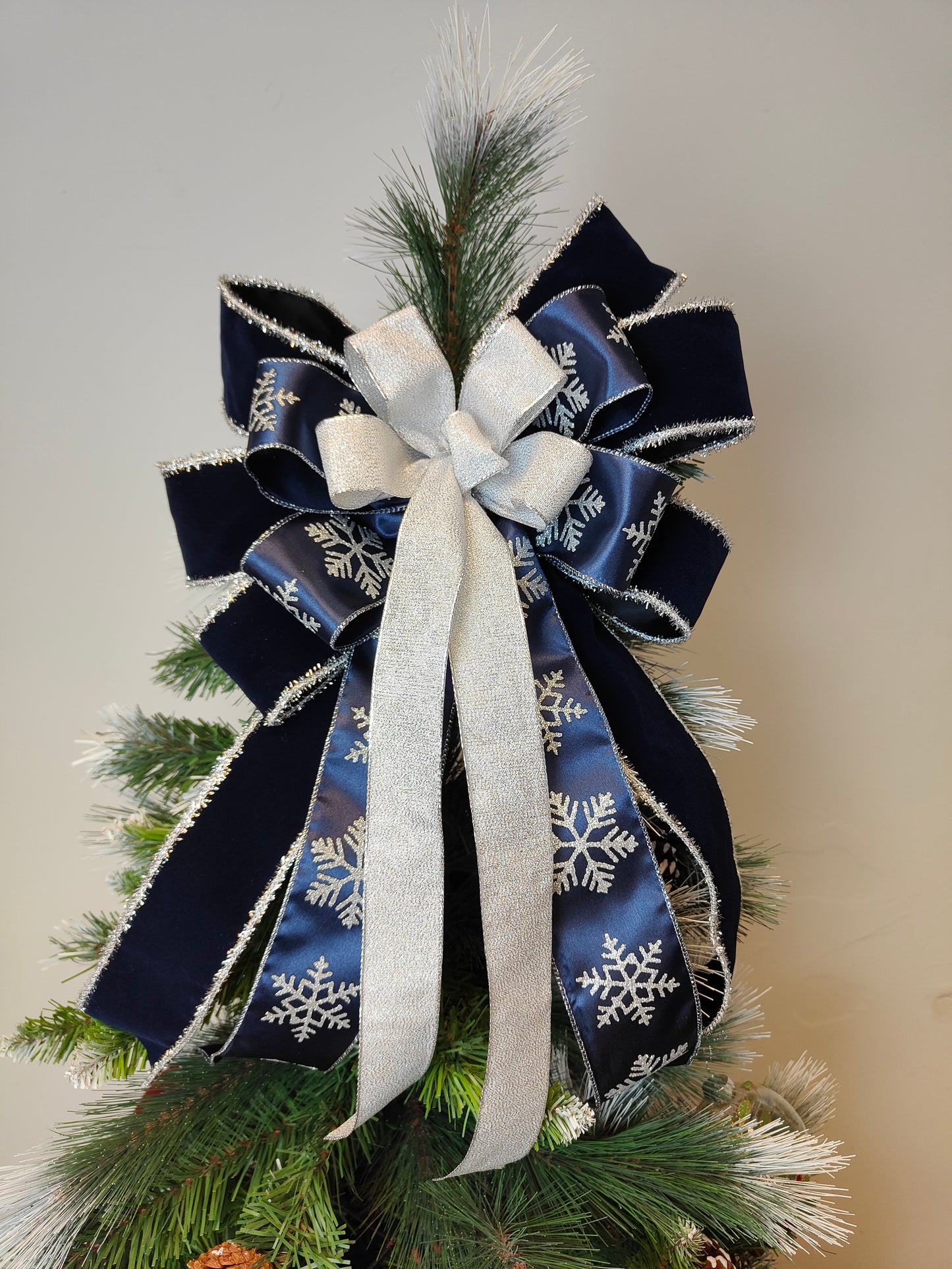 Navy Blue Velvet Silver Christmas Tree Topper Bow 14 inch