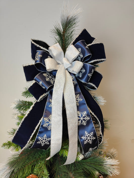Navy Blue Velvet Silver Christmas Tree Topper Bow 14 inch