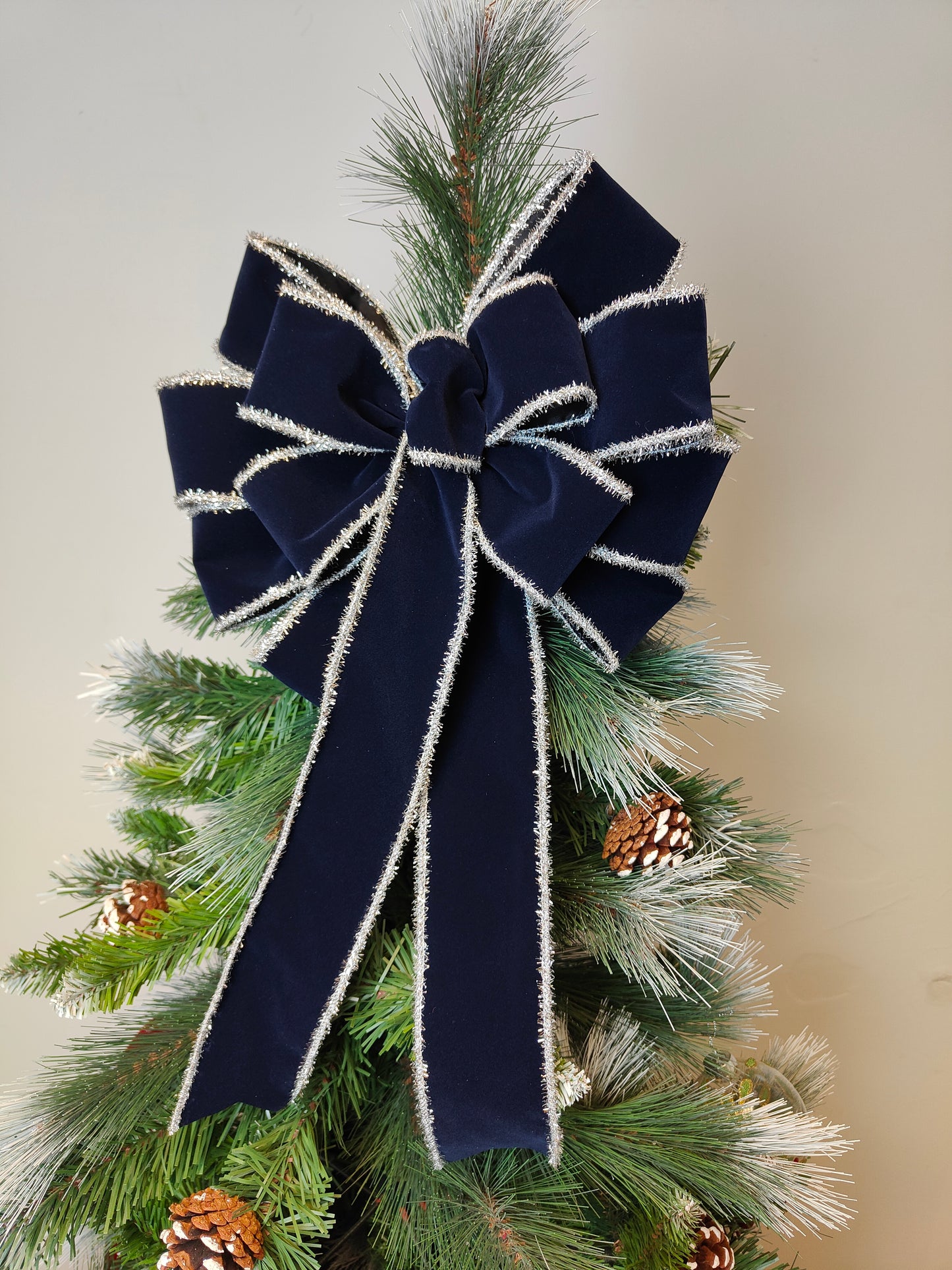 Navy Blue and Silver Velvet Bow