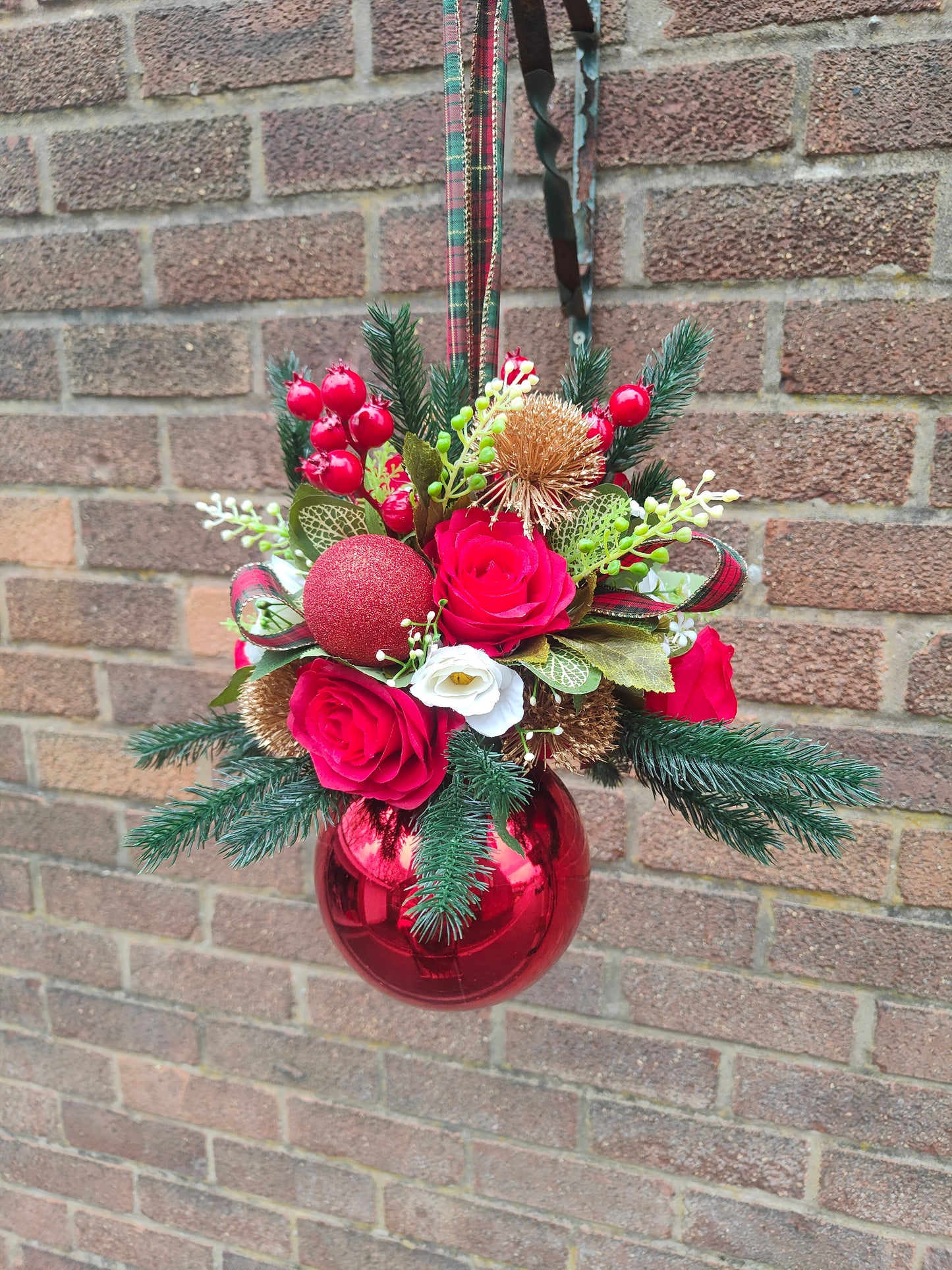 Red Gold Tartan Flower Christmas Silver Bauble Artificial