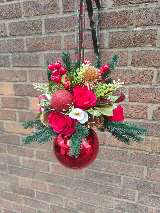 Red Gold Tartan Flower Christmas Silver Bauble Artificial