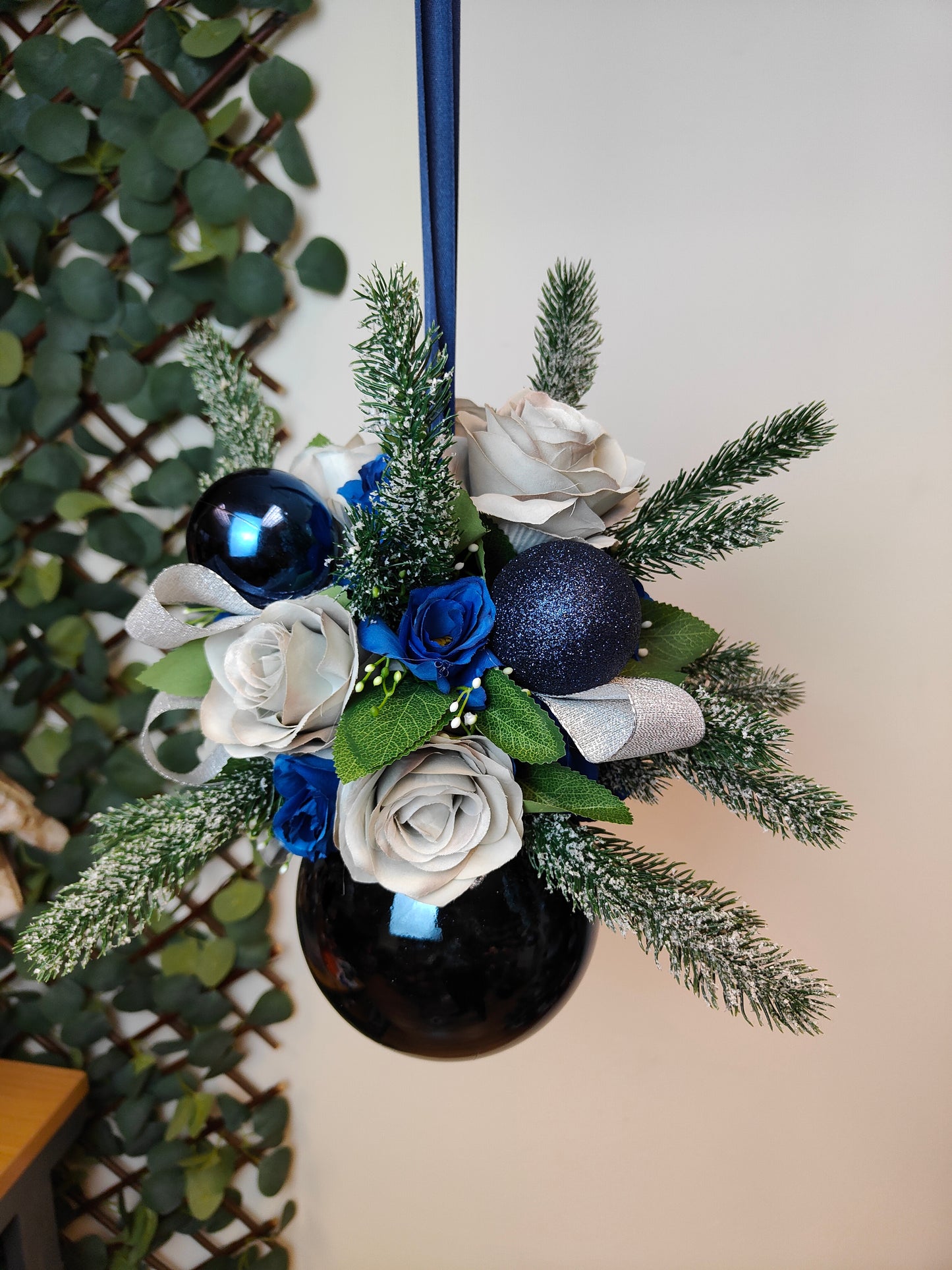 Grey Navy Blue Silver Flower Christmas Navy Bauble Artificial