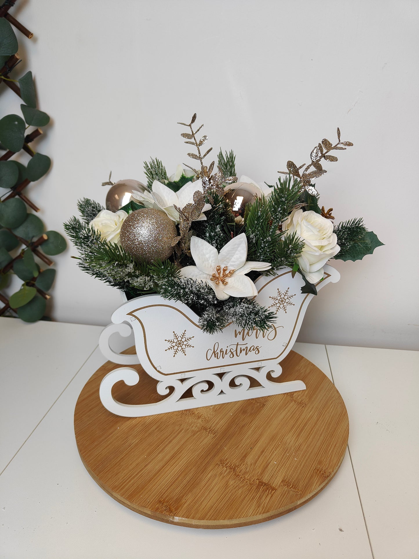 Gold and Cream Poinsettia Christmas Sleigh Arrangement – Artificial Christmas Centerpiece