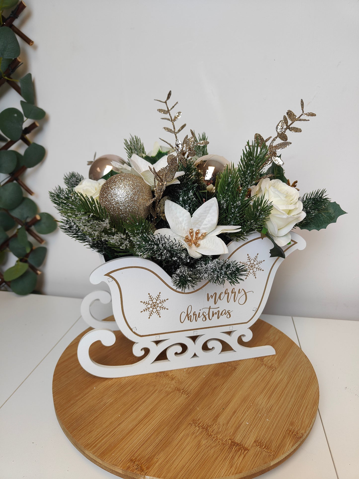 Gold and Cream Poinsettia Christmas Sleigh Arrangement – Artificial Christmas Centerpiece