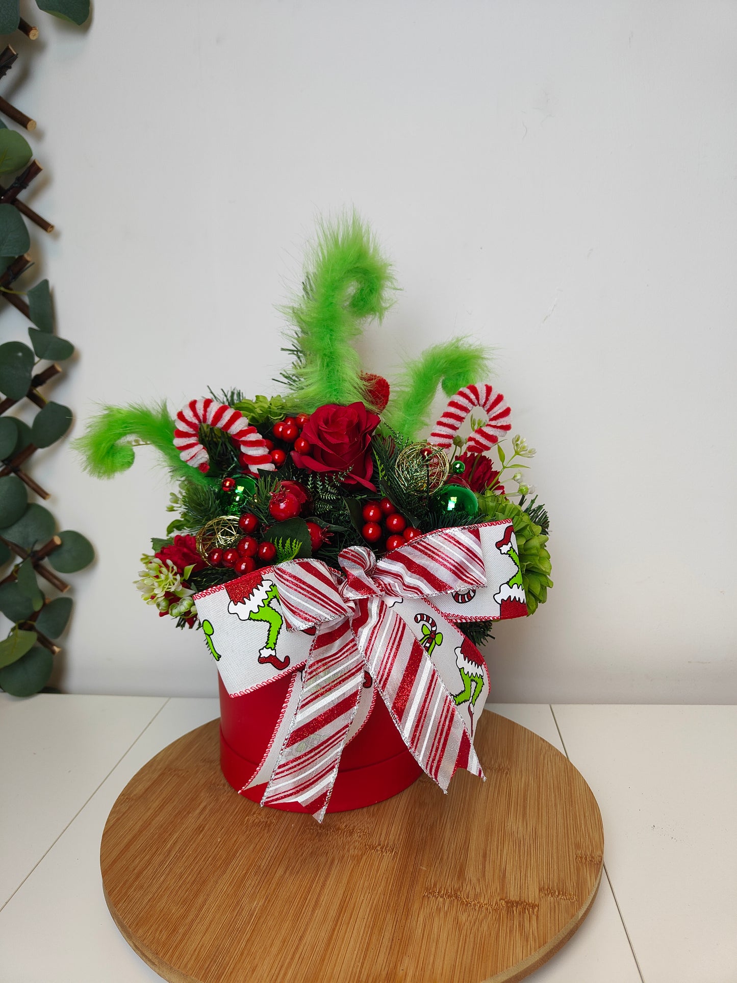 Red and Green Christmas Green monster Hat Box Arrangement – Artificial Christmas Centerpiece