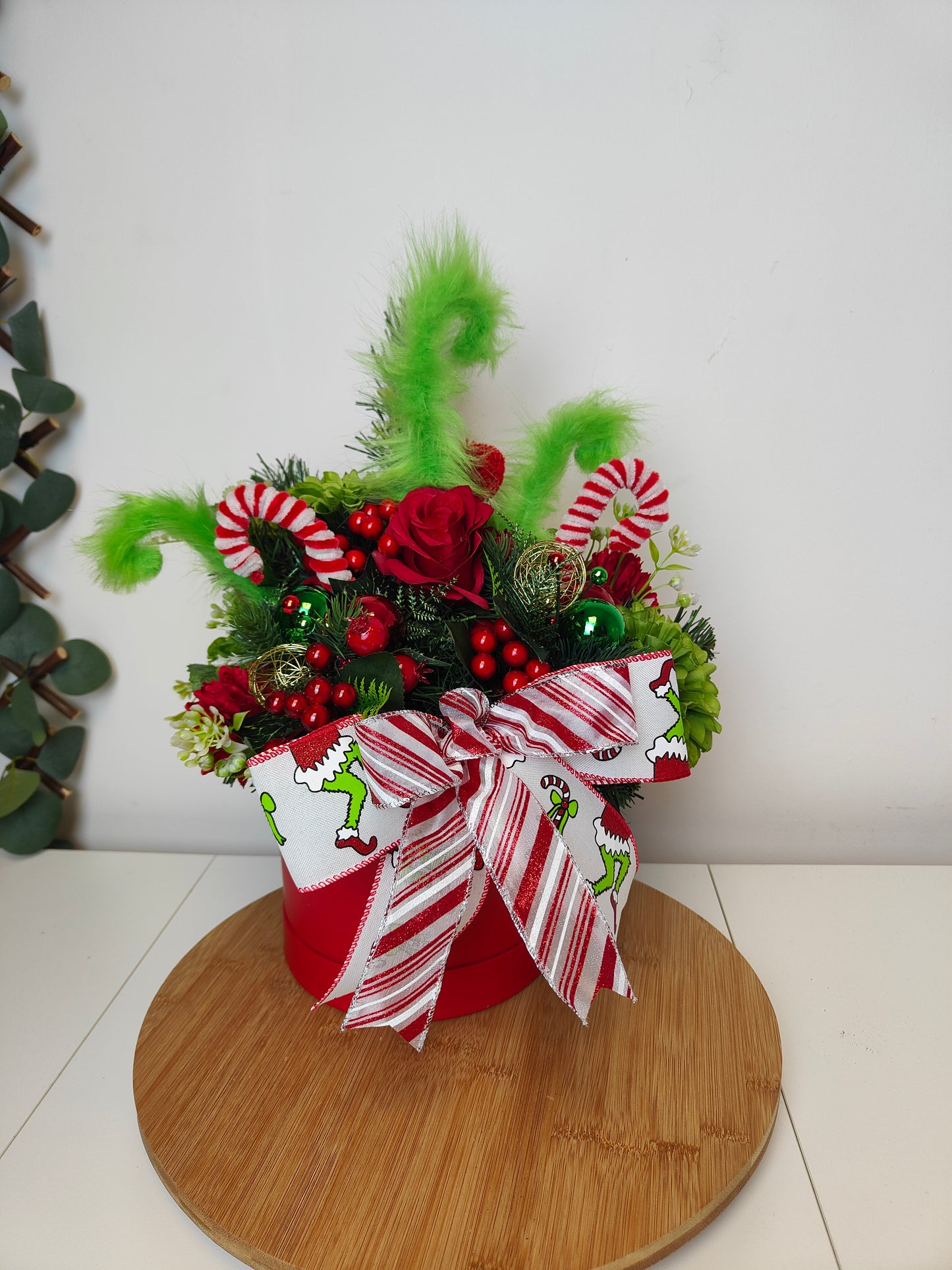 Red and Green Christmas Green monster Hat Box Arrangement – Artificial Christmas Centerpiece