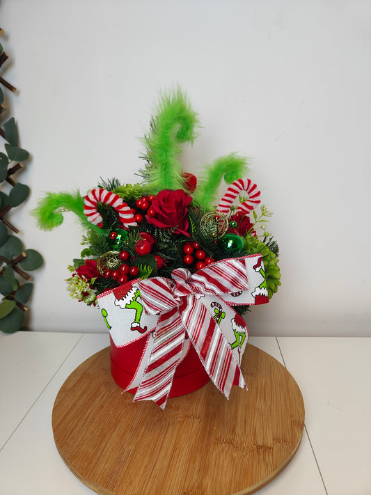 Red and Green Christmas Green monster Hat Box Arrangement – Artificial Christmas Centerpiece
