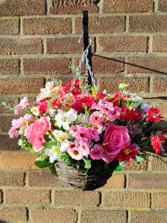 Red White Pink Artificial Flower Hanging Basket 10 inch