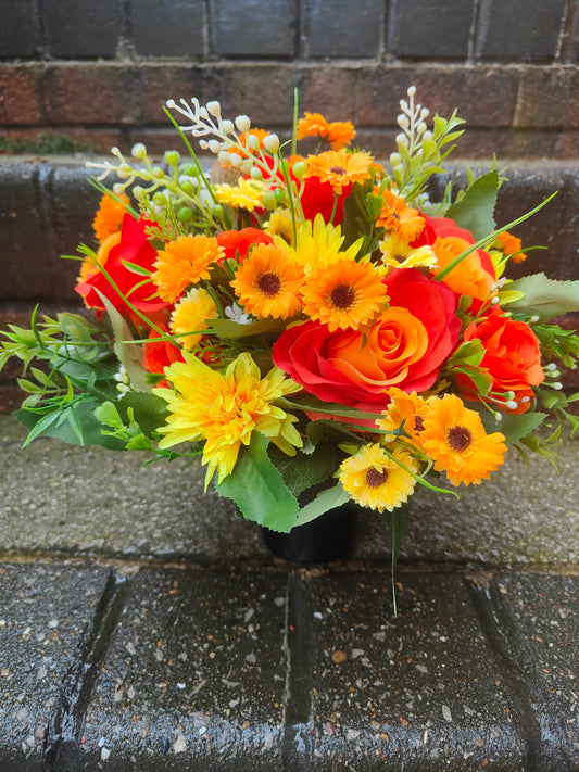 Orange Yellow Artificial Flower Memorial Grave Pot