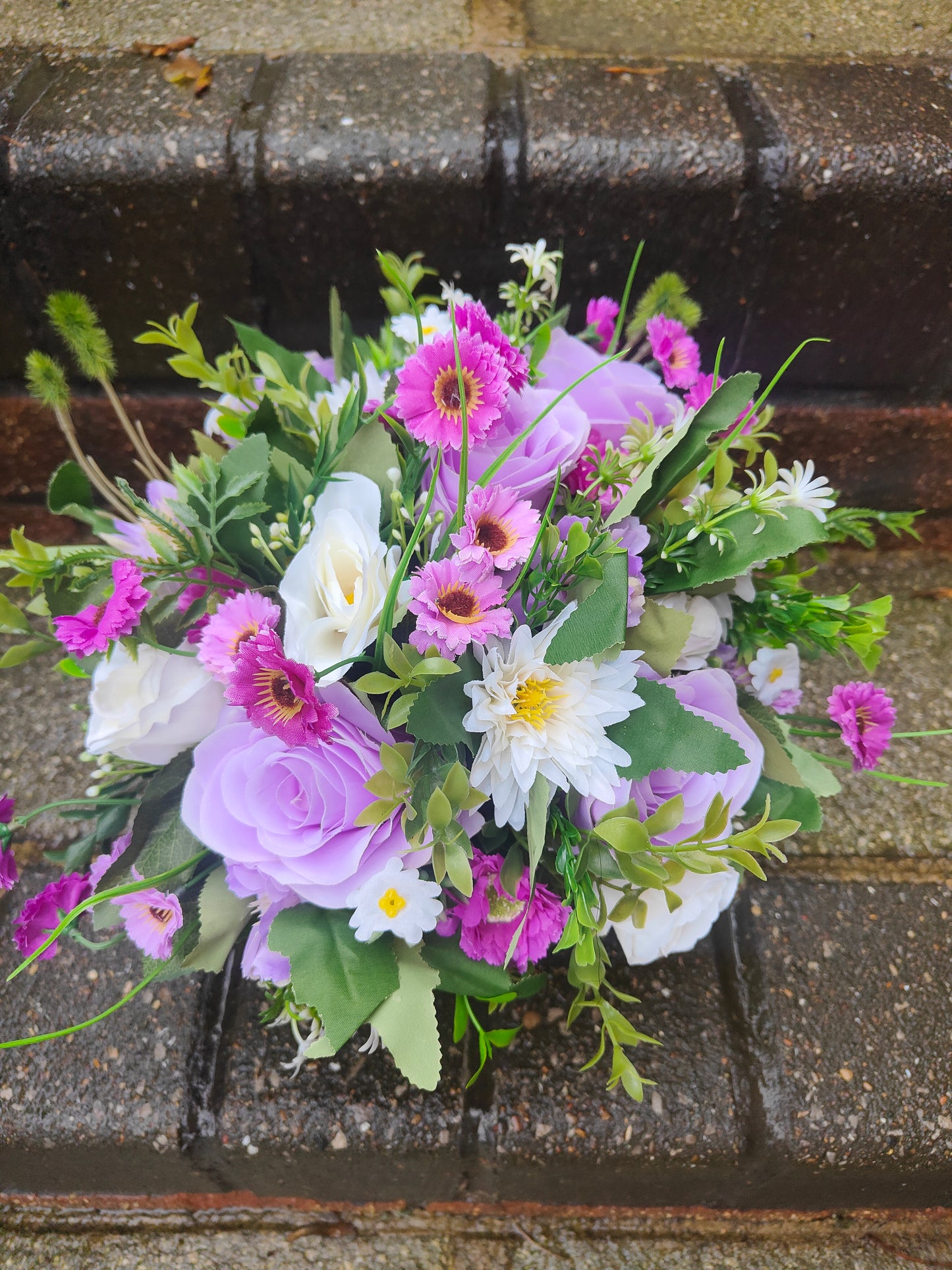 Purple Lilac White Artificial Flower Memorial Grave Pot