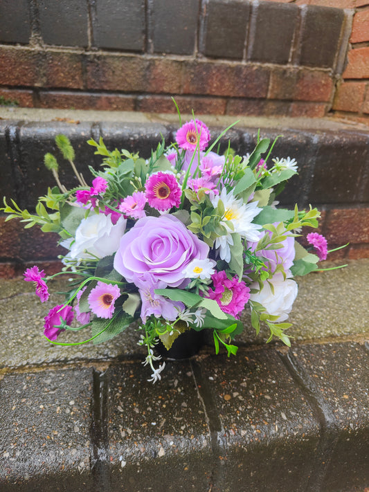 Purple Lilac White Artificial Flower Memorial Grave Pot