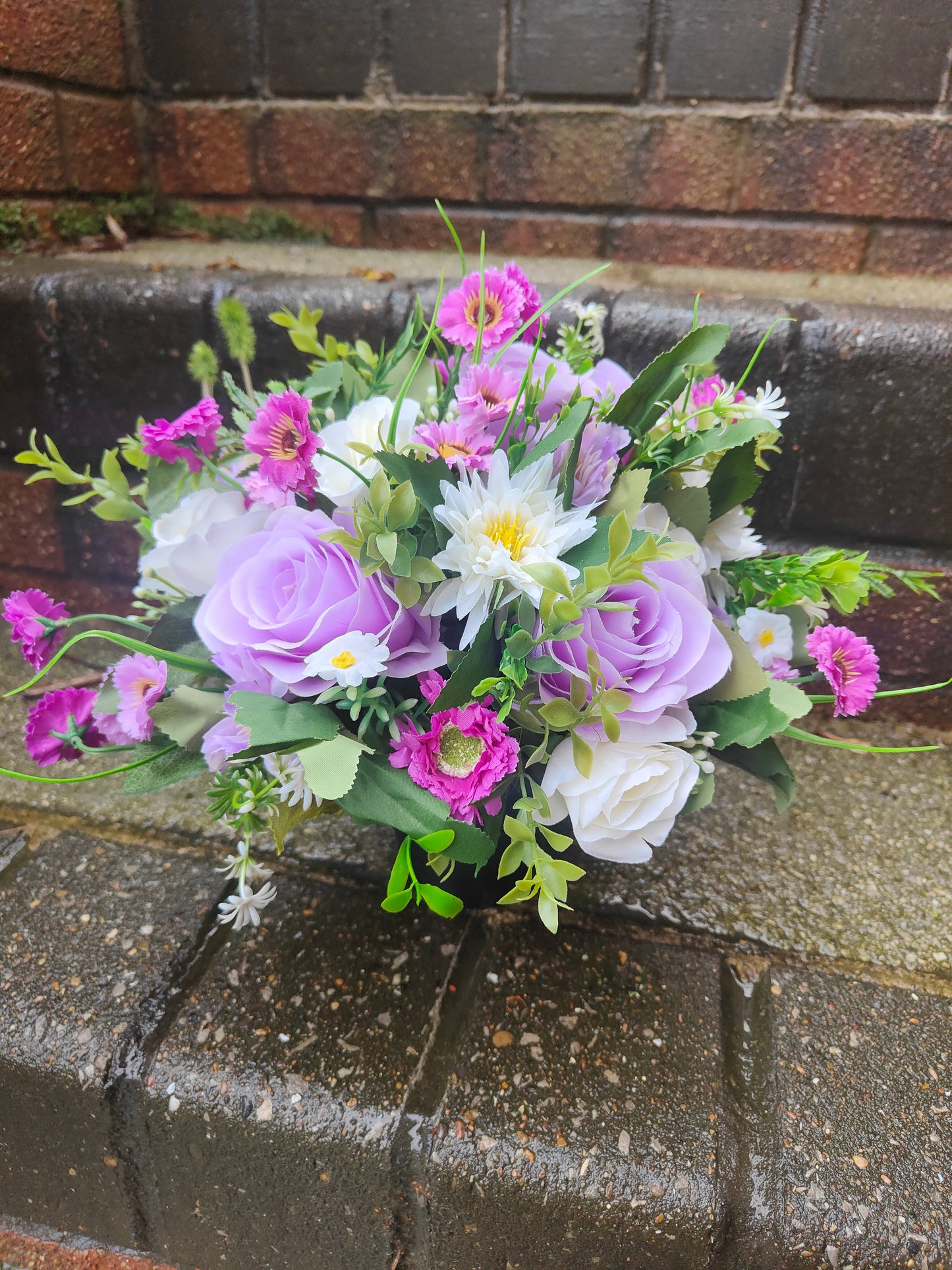 Purple Lilac White Artificial Flower Memorial Grave Pot