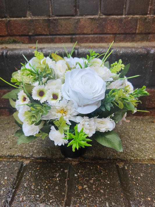 White Artificial Flower Memorial Grave Pot
