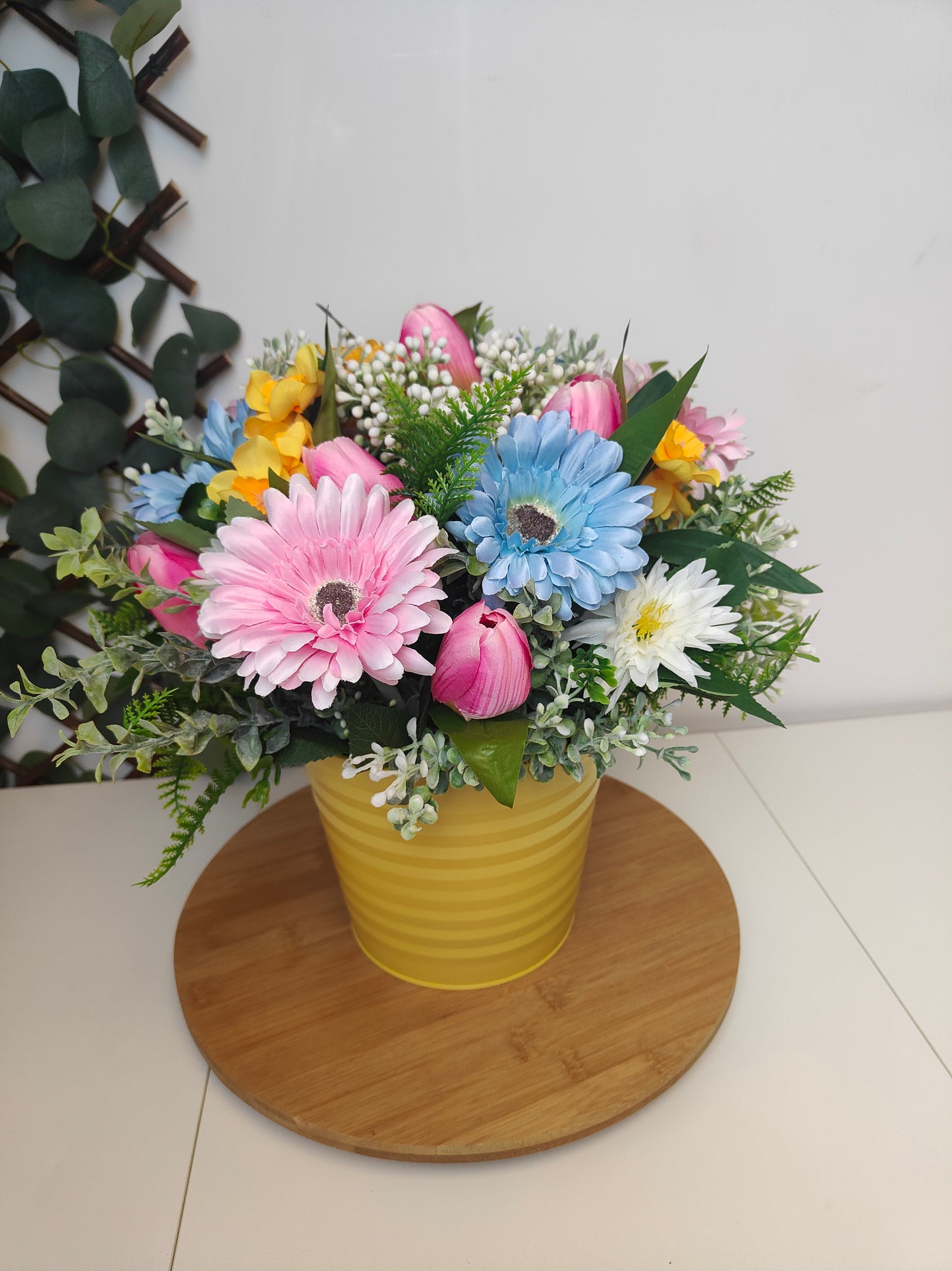 Spring Tulip Daffodil Gerbera Artificial Flower Arrangement in Yellow Planter