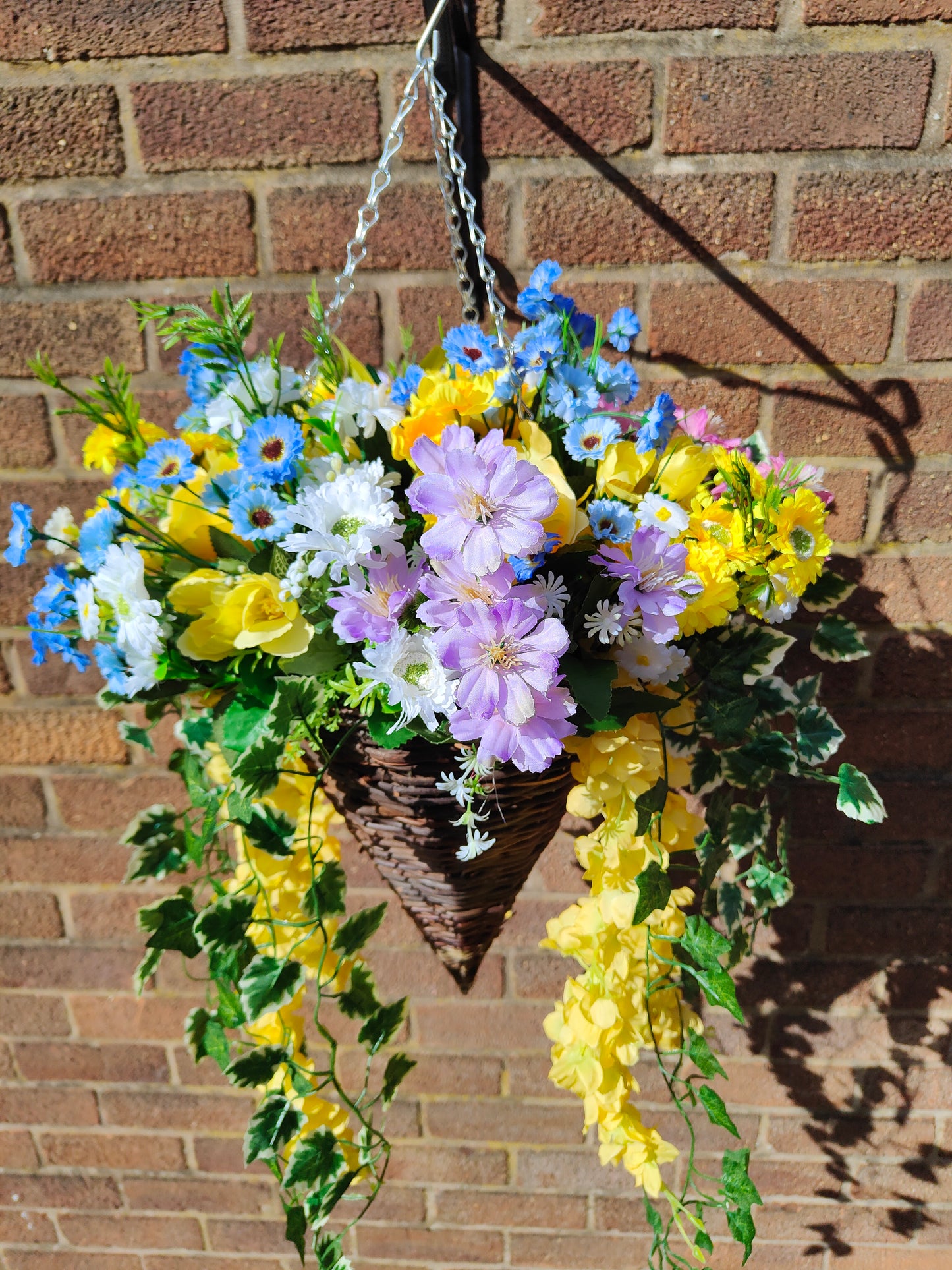 Deluxe Spring Yellow Artificial Flower Hanging Basket 12 inch