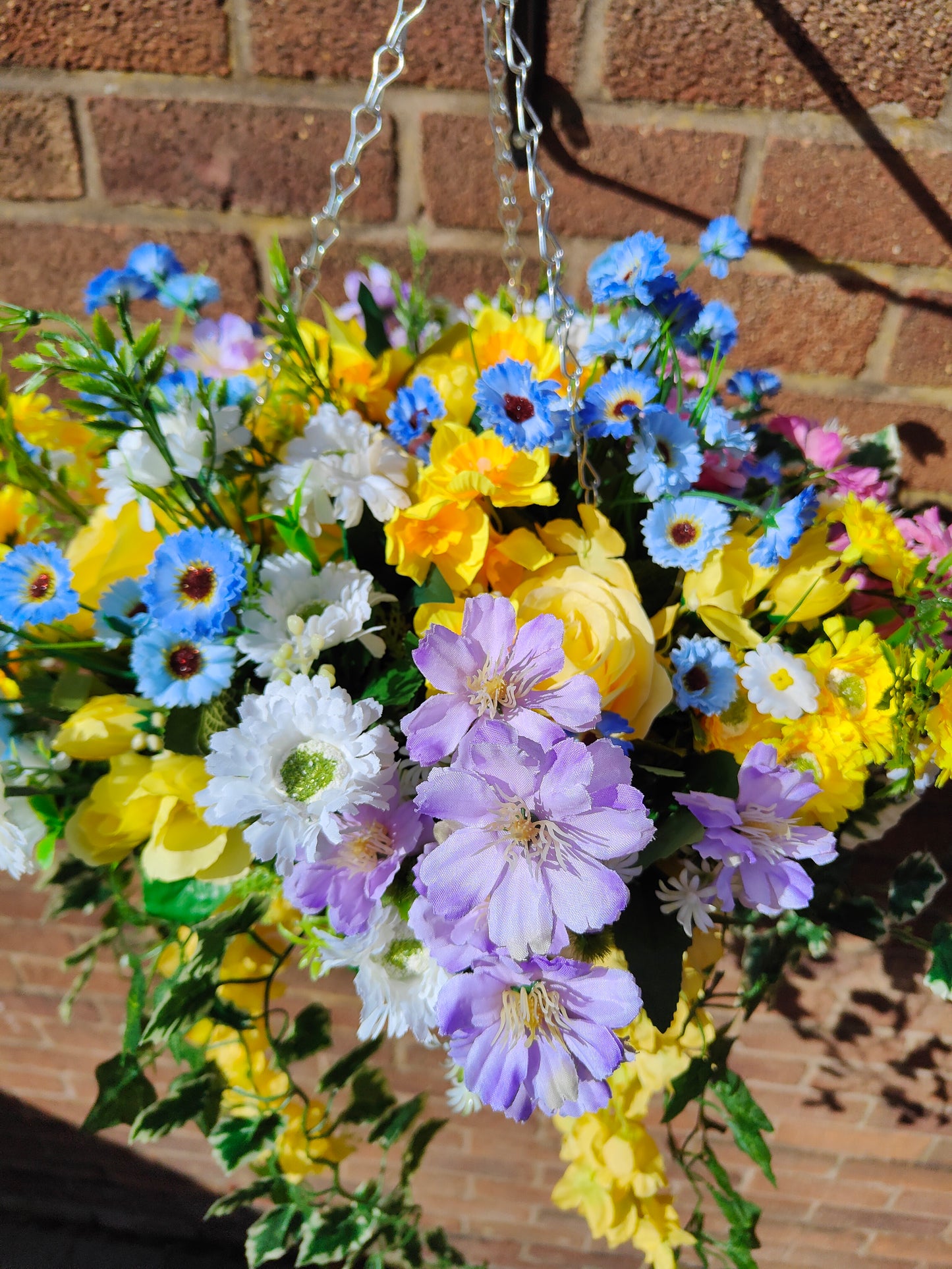 Deluxe Spring Yellow Artificial Flower Hanging Basket 12 inch