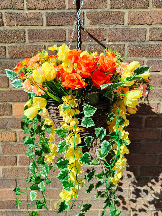 Deluxe Orange Yellow Artificial Flower Hanging Basket 12 inch