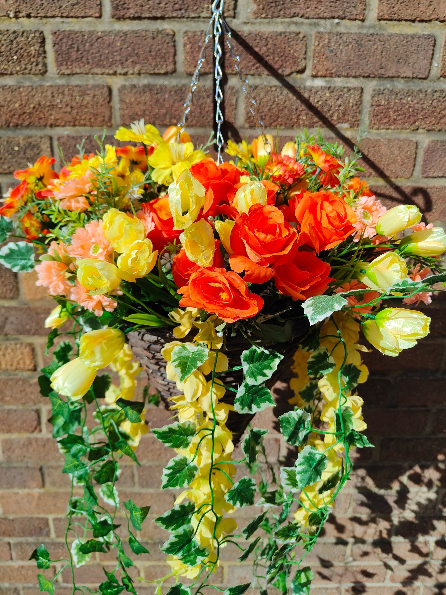 Deluxe Orange Yellow Artificial Flower Hanging Basket 12 inch