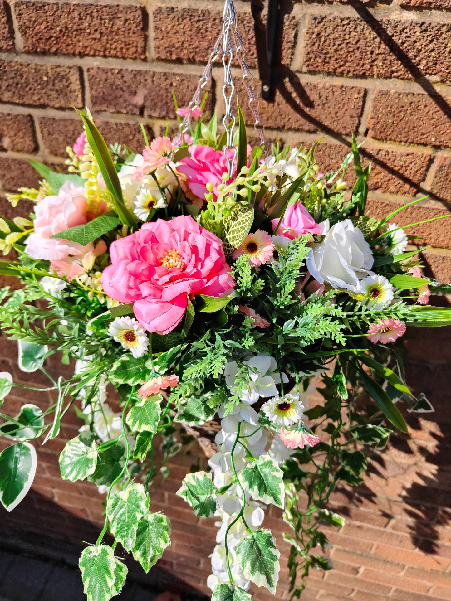 Pink White Artificial Flower Hanging Basket 12 inch