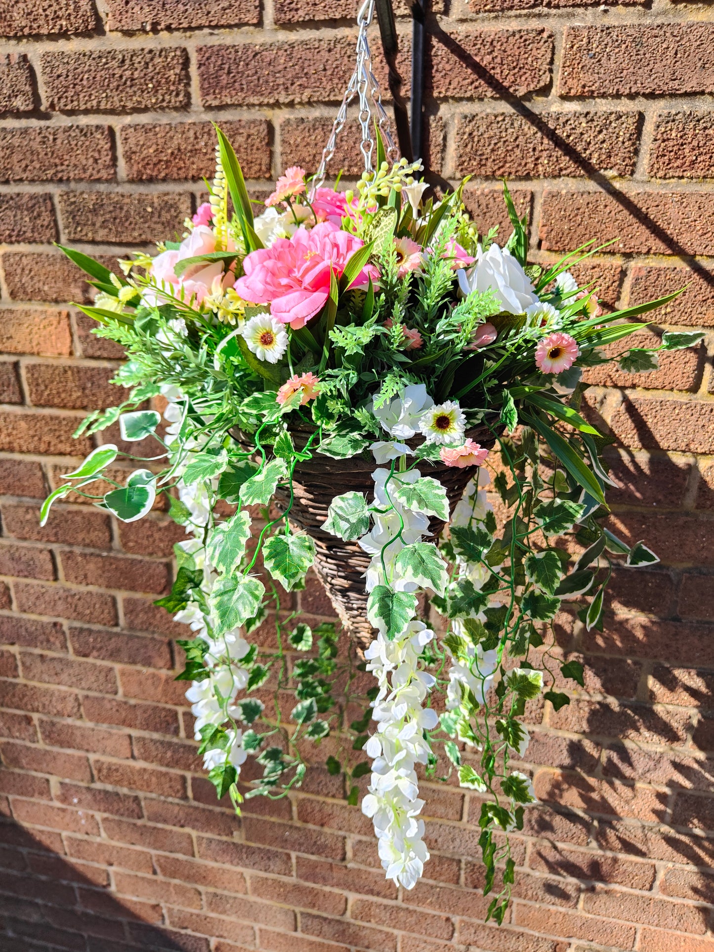 Pink White Artificial Flower Hanging Basket 12 inch
