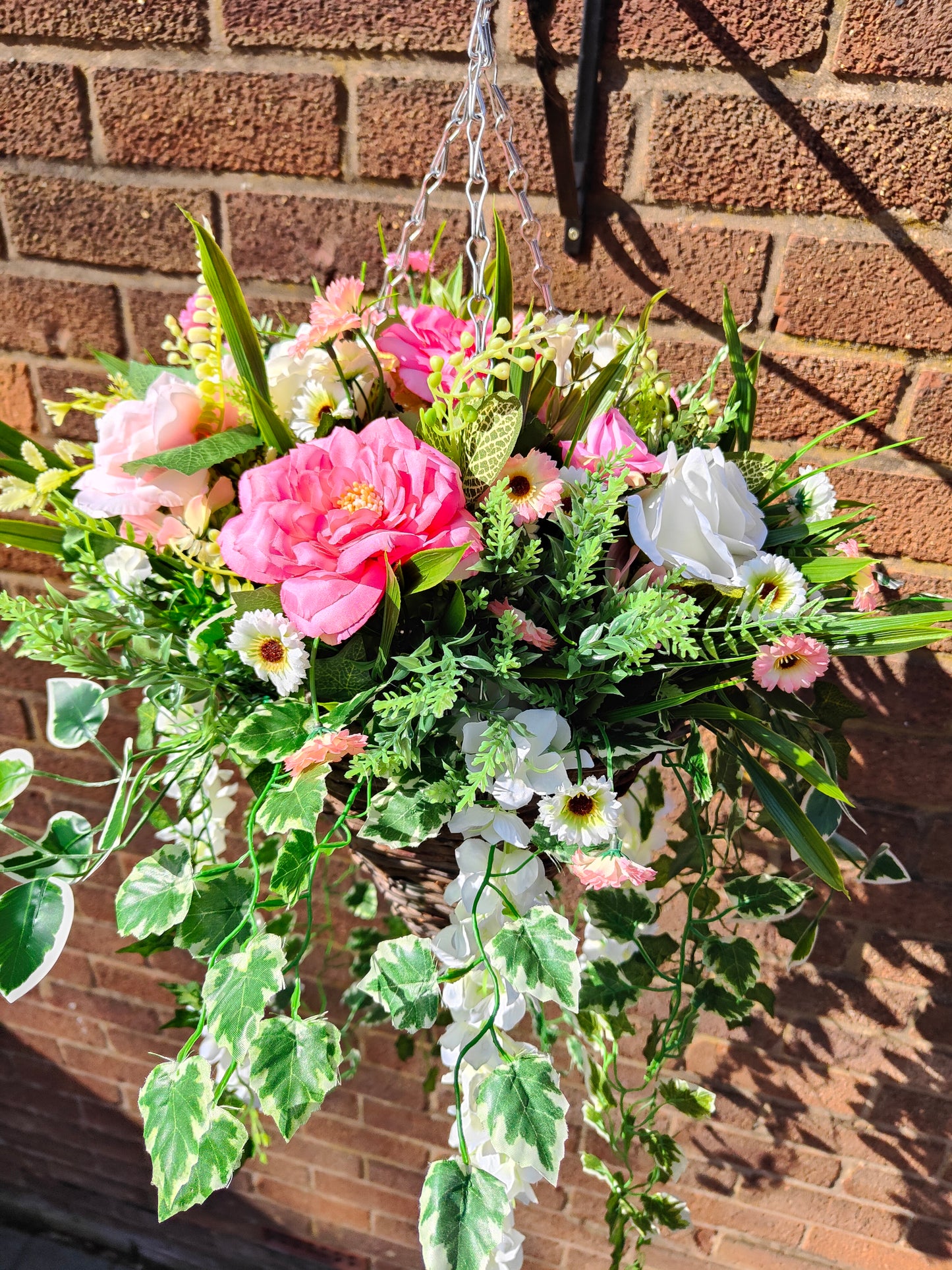 Pink White Artificial Flower Hanging Basket 12 inch