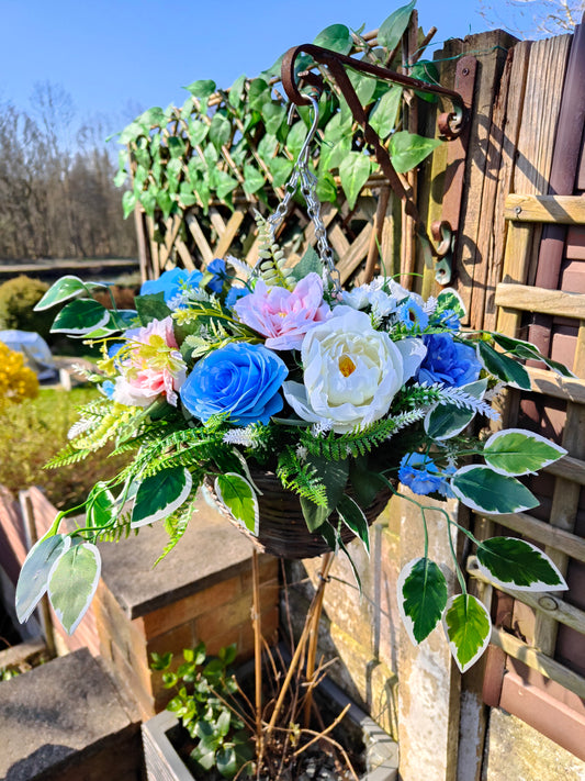 Pastel Blue Pink White Artificial Flower Hanging Basket 12 inch Round