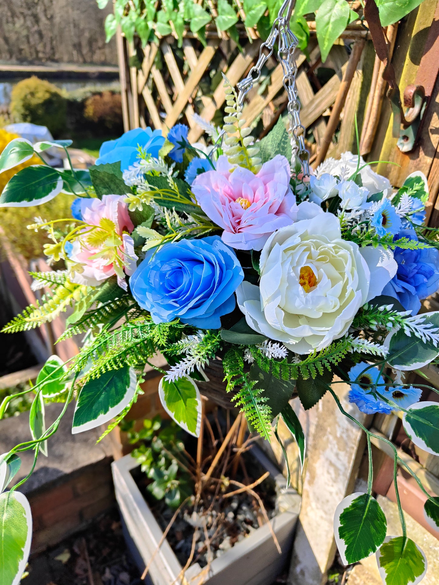 Pastel Blue Pink White Artificial Flower Hanging Basket 12 inch Round