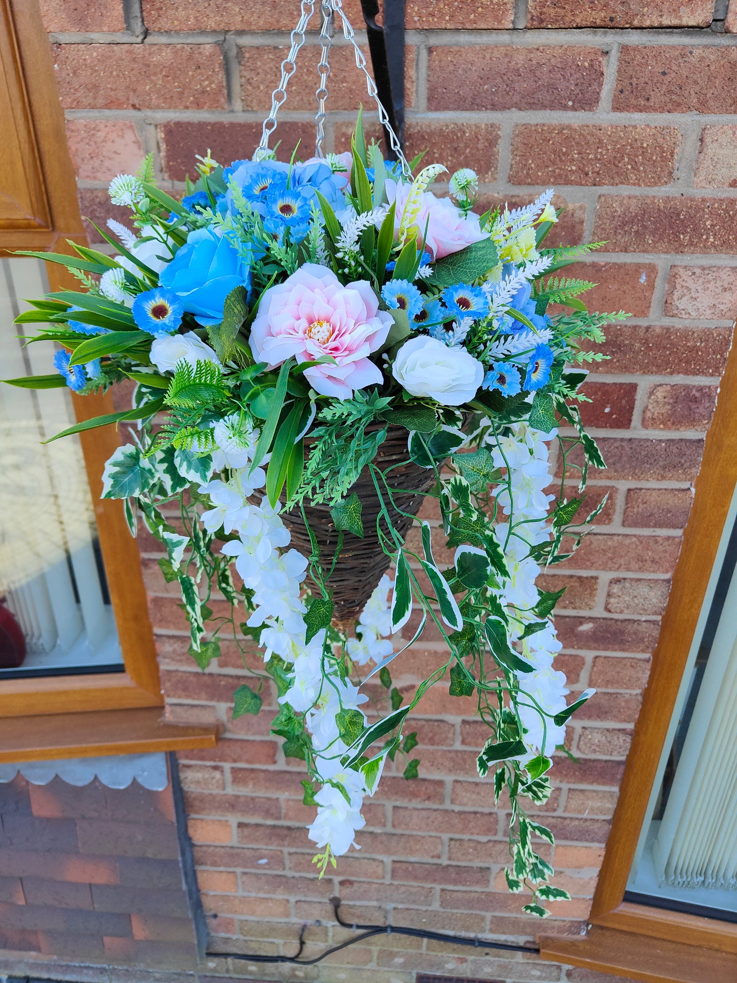Pastel Blue Pink White Artificial Flower Hanging Basket 12 inch