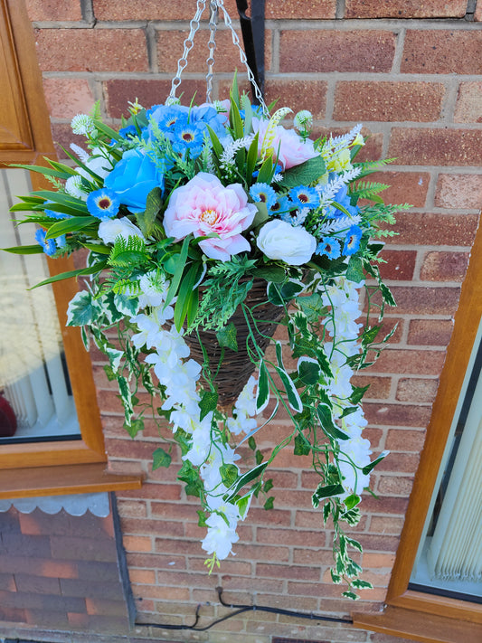 Pastel Blue Pink White Artificial Flower Hanging Basket 12 inch